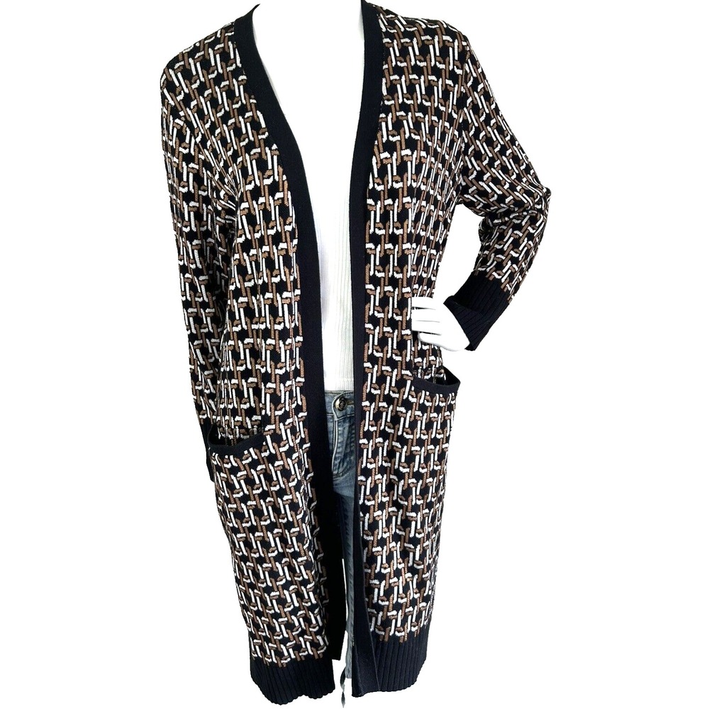Chicos Open Front Duster Cardigan Sweater Brown Black Geometric Plaid Size 2P L